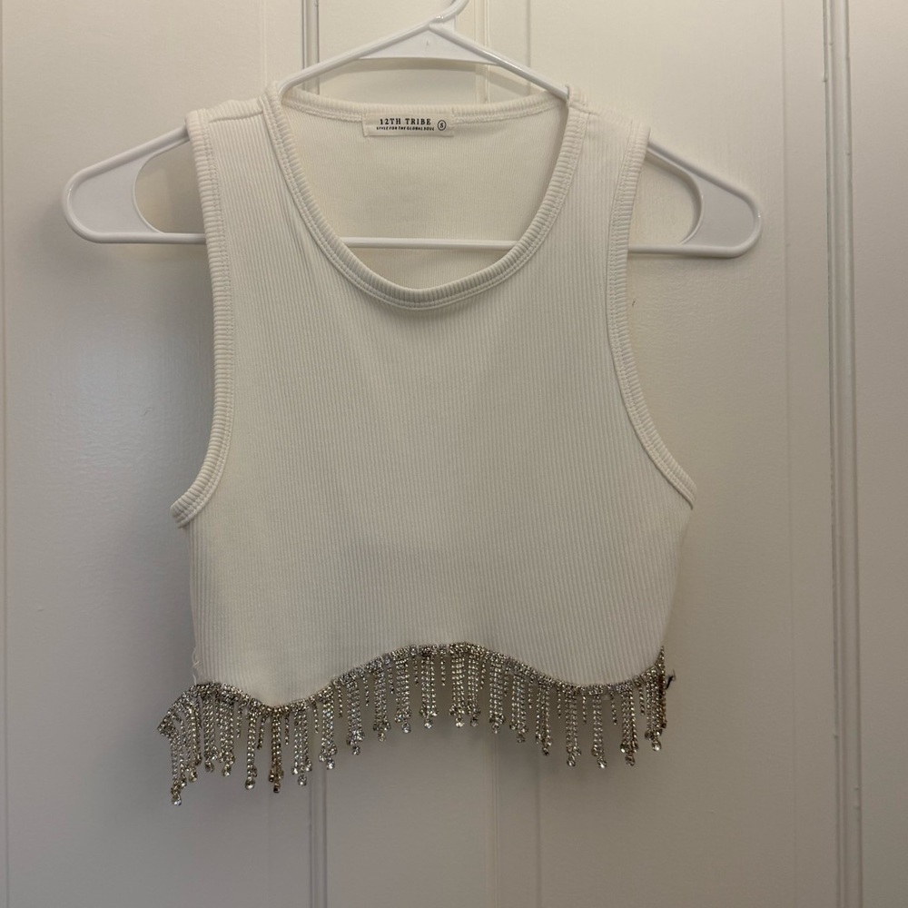 12th Tribe White Ribbed Crop Tank with Crystal Fringe Hem